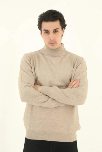 Erkek Yarım Balıkçı Yaka Triko Kazak - Bej