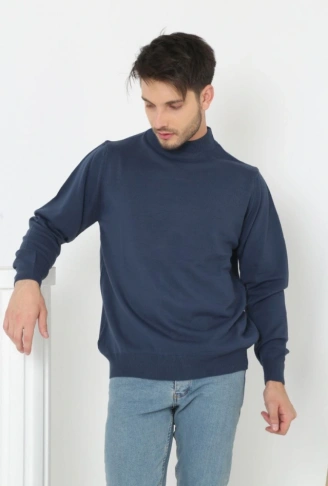 Erkek Yarım Boğaz Triko Kazak Yumuşak Dokulu Pamuklu Ince Dokuma, Uzun Kollu Rahat Regular Kalıp - İndigo