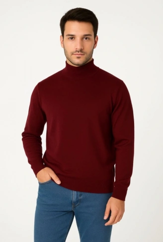 Erkek Yarım Boğaz Triko Kazak Yumuşak Dokulu Pamuklu Ince Dokuma, Uzun Kollu Rahat Regular Kalıp - Bordo