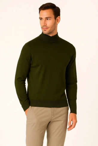 Erkek Yarım Boğaz Triko Kazak Yumuşak Dokulu Pamuklu Ince Dokuma, Uzun Kollu Rahat Regular Kalıp - Haki