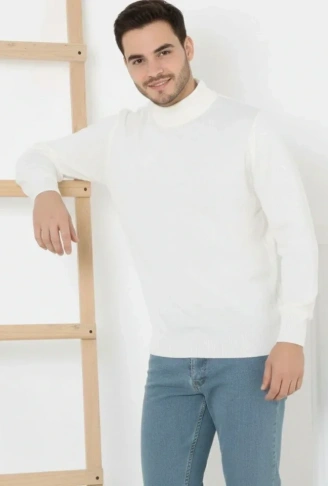 Erkek Yarım Boğaz Triko Kazak Yumuşak Dokulu Pamuklu Ince Dokuma, Uzun Kollu Rahat Regular Kalıp - Beyaz
