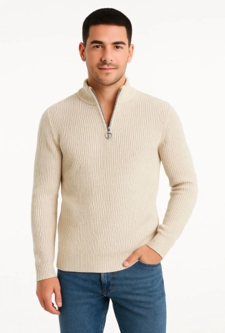 Erkek Yarım Fermuarlı Triko Kazak – Selanik Örgü, Dik Yaka, Pamuklu Dokuma, Regular Fit Uzun Kollu Kışlık Model - Bej