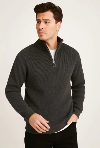 Erkek Yarım Fermuarlı Triko Kazak – Selanik Örgü, Dik Yaka, Pamuklu Dokuma, Regular Fit Uzun Kollu Kışlık Model - Füme