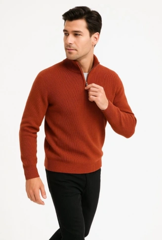 Erkek Yarım Fermuarlı Triko Kazak – Selanik Örgü, Dik Yaka, Pamuklu Dokuma, Regular Fit Uzun Kollu Kışlık Model - Kiremit