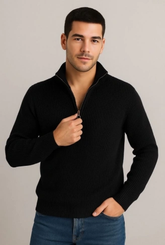 Erkek Yarım Fermuarlı Triko Kazak – Selanik Örgü, Dik Yaka, Pamuklu Dokuma, Regular Fit Uzun Kollu Kışlık Model - Siyah