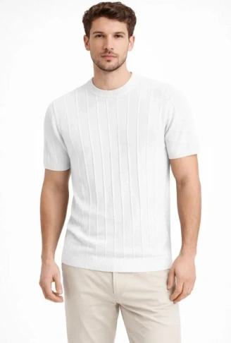 Erkek Yazlık Fitilli Triko Tişört Kısa Kol Bisiklet Yaka T-Shirt - Beyaz