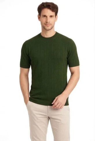 Erkek Yazlık Fitilli Triko Tişört Kısa Kol Bisiklet Yaka T-Shirt - Haki