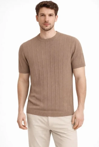 Erkek Yazlık Fitilli Triko Tişört Kısa Kol Bisiklet Yaka T-Shirt - Kahverengi