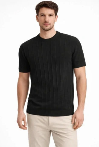 Erkek Yazlık Fitilli Triko Tişört Kısa Kol Bisiklet Yaka T-Shirt - Siyah