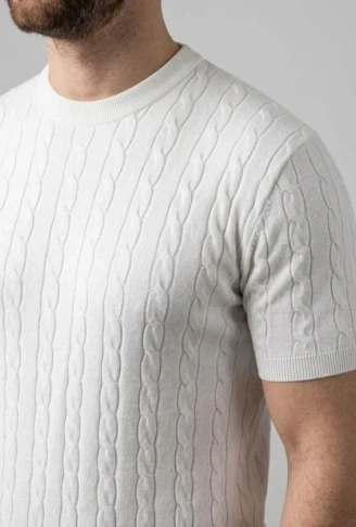 Erkek Yazlık Triko Dokuma Tişört Kısa Kol Bisiklet Yaka Örgü Desenli T-Shirt - Beyaz