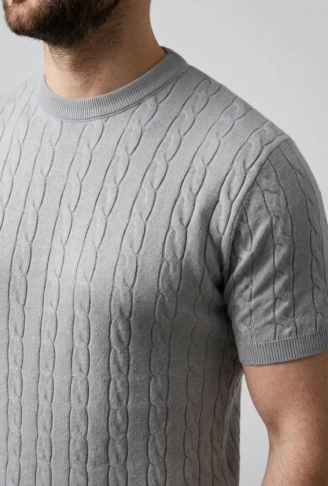 Erkek Yazlık Triko Dokuma Tişört Kısa Kol Bisiklet Yaka Örgü Desenli T-Shirt - Gri