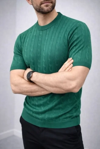 Erkek Yazlık Triko Dokuma Tişört Kısa Kol Bisiklet Yaka Örgü Desenli T-Shirt - Haki