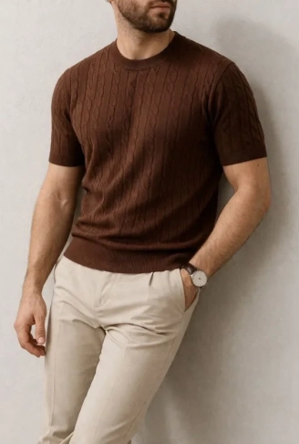 Erkek Yazlık Triko Dokuma Tişört Kısa Kol Bisiklet Yaka Örgü Desenli T-Shirt - Kahverengi