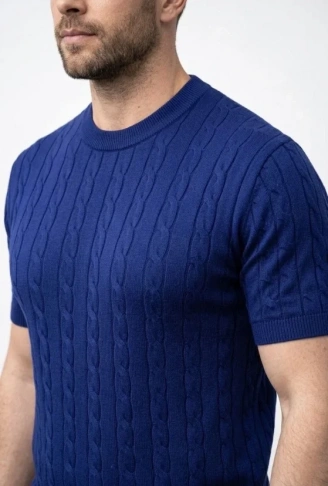 Erkek Yazlık Triko Dokuma Tişört Kısa Kol Bisiklet Yaka Örgü Desenli T-Shirt - Lacivert