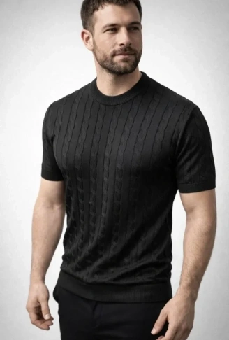 Erkek Yazlık Triko Dokuma Tişört Kısa Kol Bisiklet Yaka Örgü Desenli T-Shirt - Siyah