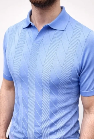 Erkek Yazlık Triko Dokuma Tişört Kısa Kol Polo Yaka T-Shirt - Bebek Mavisi