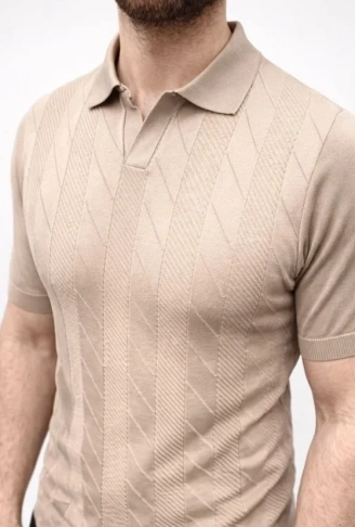 Erkek Yazlık Triko Dokuma Tişört Kısa Kol Polo Yaka T-Shirt - Bej