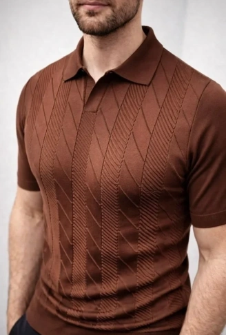 Erkek Yazlık Triko Dokuma Tişört Kısa Kol Polo Yaka T-Shirt - Kahverengi