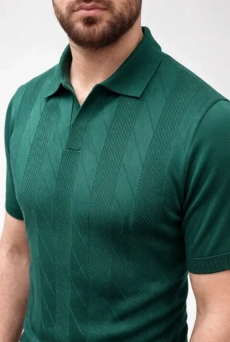 Erkek Yazlık Triko Dokuma Tişört Kısa Kol Polo Yaka T-Shirt - Koyu Yeşil
