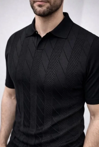 Erkek Yazlık Triko Dokuma Tişört Kısa Kol Polo Yaka T-Shirt - Siyah