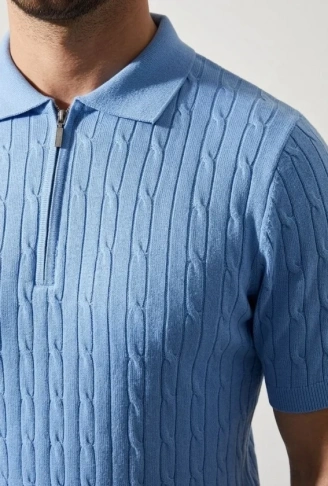 Erkek Yazlık Triko Saç Örgü Tişört Kısa Kol Polo Yaka Fermuarlı T-Shirt - Bebe Mavisi