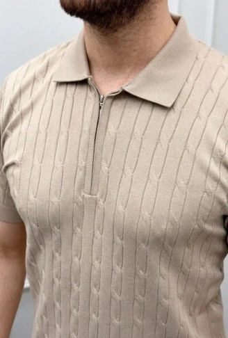 Erkek Yazlık Triko Saç Örgü Tişört Kısa Kol Polo Yaka Fermuarlı T-Shirt - Bej