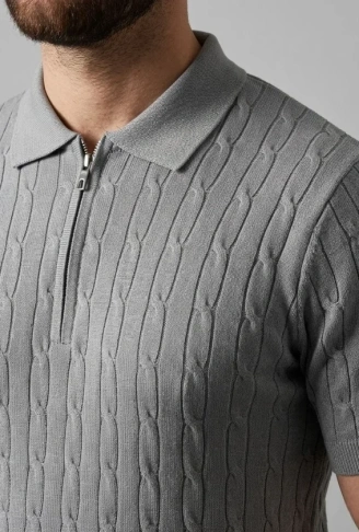 Erkek Yazlık Triko Saç Örgü Tişört Kısa Kol Polo Yaka Fermuarlı T-Shirt - Gri