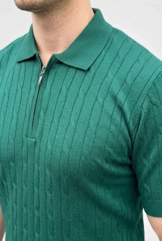 Erkek Yazlık Triko Saç Örgü Tişört Kısa Kol Polo Yaka Fermuarlı T-Shirt - Haki