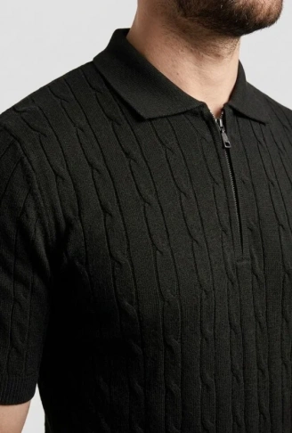 Erkek Yazlık Triko Saç Örgü Tişört Kısa Kol Polo Yaka Fermuarlı T-Shirt - Siyah