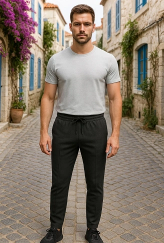 Erkek Yüksek Bel önden Bağcıklı Cepli Waffle Pantolon