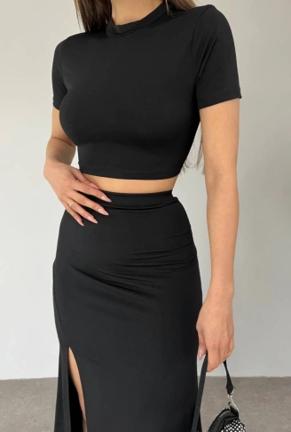 Eteği Yırtmaçlı Sandy Crop Takım -Siyah