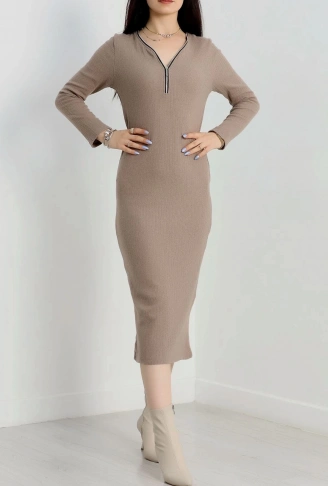 Fermuar detaylı fitilli şardonlu elbise bej a3178