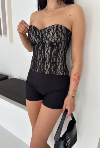 Fermuarlı Dantel Korse Straplez Bustiyer Transparan Şık Top - Bej