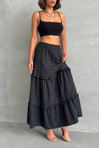 Fırfırlı brodeli astarlı uzun etek siyah s255047