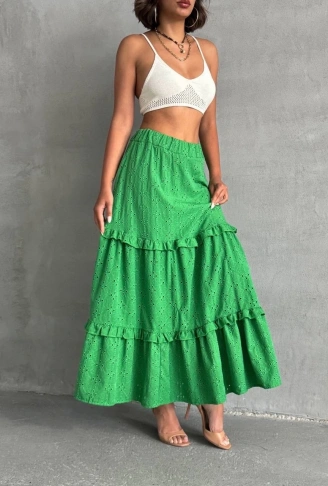 Fırfırlı brodeli astarlı uzun etek yeşil s255047