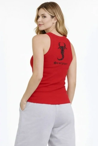 Fitilli Atlet Sıfır Yaka Slim Fit Arka Baskılı Spor Atlet - Kırmızı