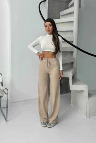 Fitilli şardonlu pantolon bej a4058