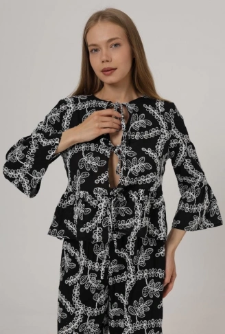 Fiyonk Bağlamalı Brode Bluz - Siyah