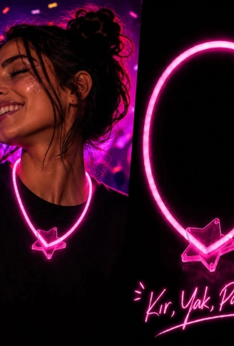 Fosforlu Yıldız Parti Kolyesi – Neon Işıklı Kolye Pembe Renk (4940)