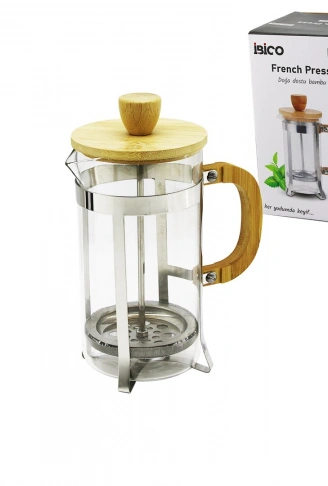 FRENCH PRESS METAL KAFES - BAMBU SAP BAMBU KAPAK 600ML CAM BİTKİ SÜZGEÇİ (4940)