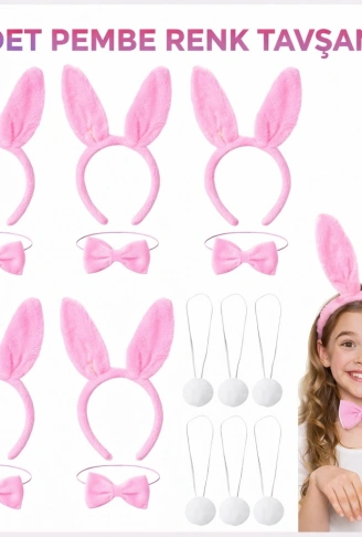 Full Pembe Renk Tavşan Sahne Seti 6'lı Set Taç Papyon Kuyruk (4940)