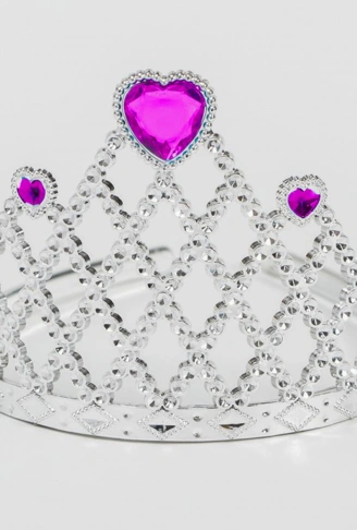 Fuşya Kalpli Gümüş Renk Kraliçe Tacı Prenses Tacı (4940)
