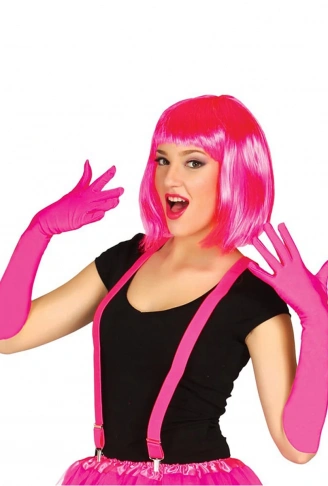 Fuşya Renk Saten Uzun Eldiven ve Küt Parti Peruğu (4940)