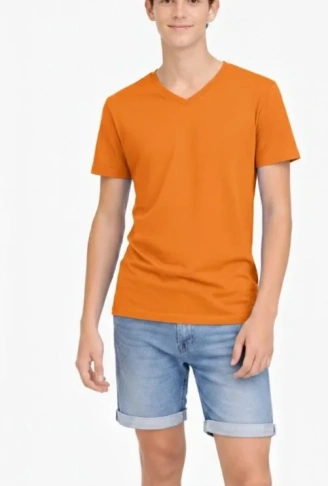 Genç Erkek Çocuk V Yaka Tişört Yazlık Model Günlük Basic Body - Turuncu