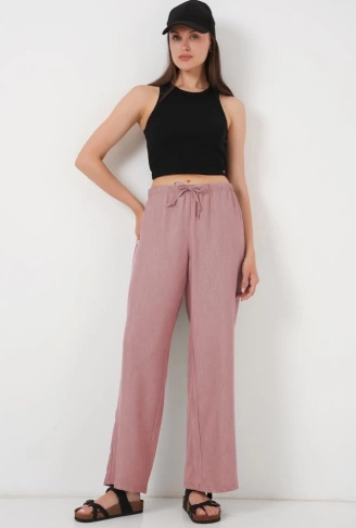 Geniş Paça Keten Pantolon 6735 - Pudra