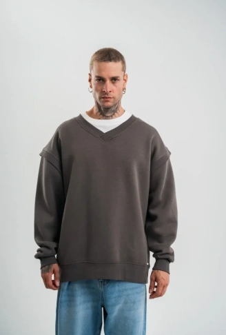 Geniş V Yaka Kol Ribana Detaylı SweatShirt - Füme