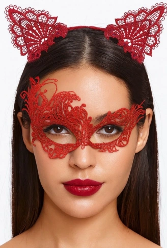 Gizemli Kırmızı Dantel Maske ve Taç Seti 1 No - Kostüm Seti (4940)
