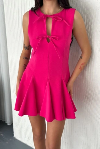 Göğüs Bağlamalı Kolsuz Mini Boy Elbise - Pembe