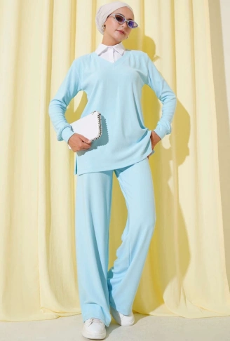 Gömlek Yaka Fitilli Salaş İkili Takım Buz Mavisi T4300