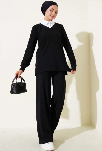 Gömlek Yaka Fitilli Salaş İkili Takım siyah T4300